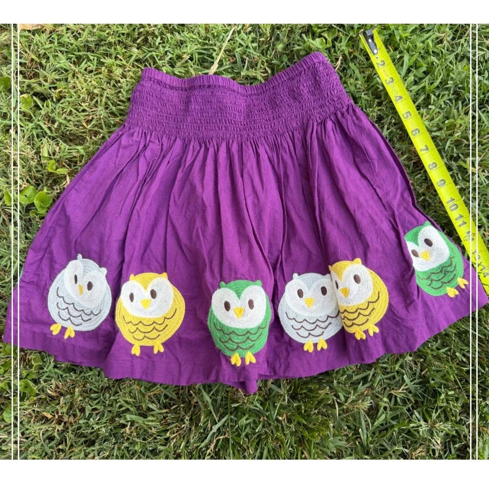 Mini Boden Girls Purple Embroidered Owl Applique Skirt Smocked Waist Size 9-10